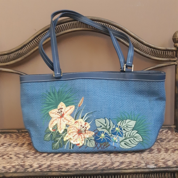 Etienne Aigner Handbags - Etienne Aigner Blue Woven Tote Satchel Embroidered